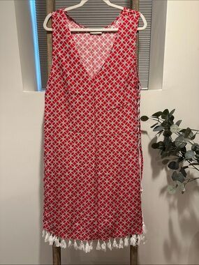 MICHAEL Michael Kors Red and White Geometric Swim Coverup with Tassel Hem - NWOT